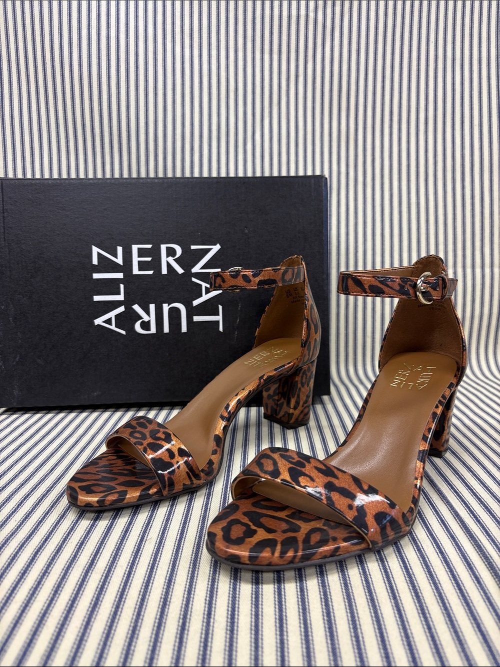 Naturalizer Leopard Print Ankle Strap Block Heels - Brown/Black Size 6